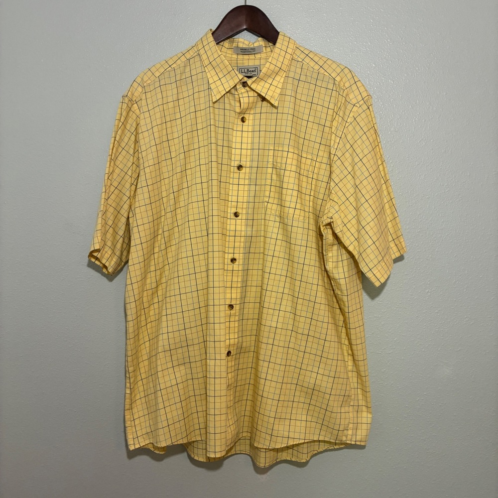 LL Bean Mens XXL Yellow Plaid Wrinkle Free Traditional Fit Short Sleeve Shirt